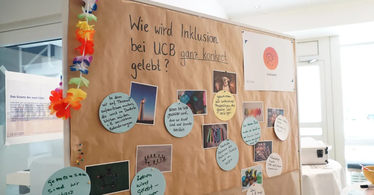 Pinnwand mit Impresionnen zu der Frage "Wie wird Inklusion bei UCB gelebt". 