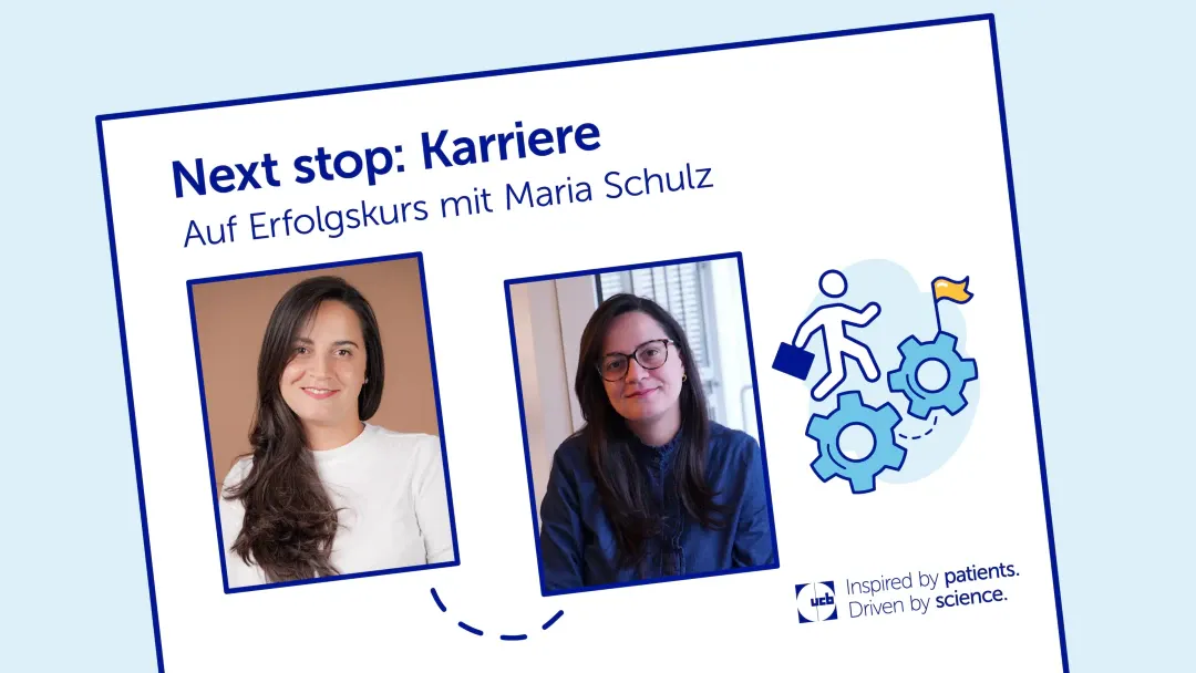 Bewerbungsfoto und aktuelles Foto von Maria mit Schriftzug: Next stop: Karriere Auf Erfolgskurs mit Maria Schulz
