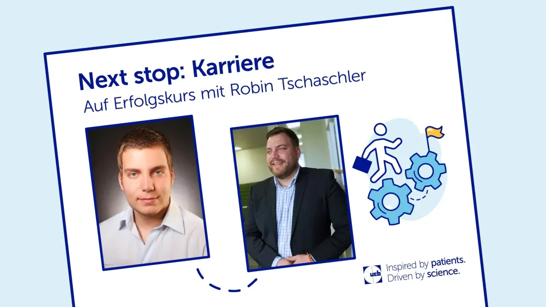 Bewerbungsfoto und aktuelles Foto von Robin mit Schriftzug: Next stop: Karriere Auf Erfolgskurs mit Robin Tschaschler
